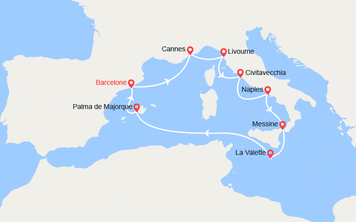 Carte itinéraire croisière France, Italie, Malte, Baléares