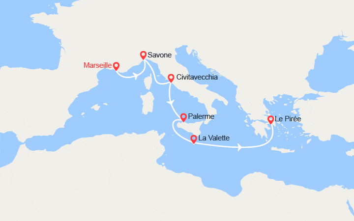 Carte itinéraire croisière France, Italie, Malte, Grèce : de Marseille au Pirée