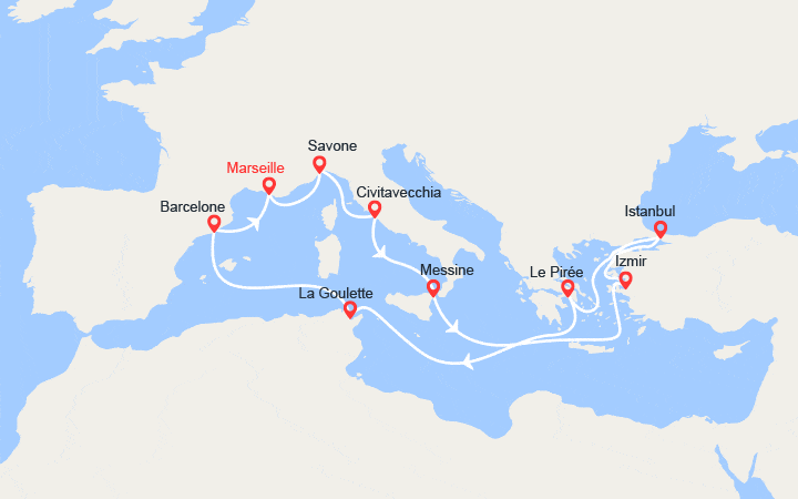 Carte itinéraire croisière France, Italie, Turquie, Grèce, Espagne