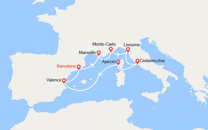 Carte itinéraire croisière France, Monaco, Italie, Corse, Espagne
