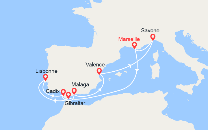 Carte itinéraire croisière Gibraltar, Portugal, Espagne