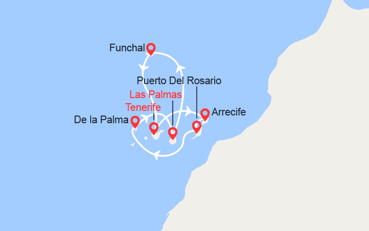 Carte itinéraire croisière Gran Canaria, Madère, Îles des Canaries, Fuerteventura