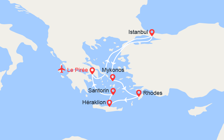 Carte itinéraire croisière Grèce et Turquie avec 2 nuits d'hôtel et vols inclus de Marseille