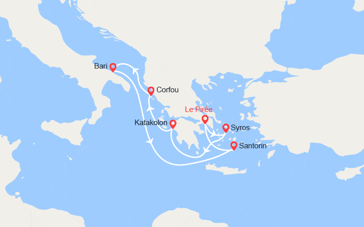 Carte itinéraire croisière Grèce, îles Grecques, Italie