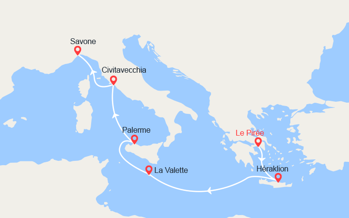 Carte itinéraire croisière Grèce, Malte, Italie