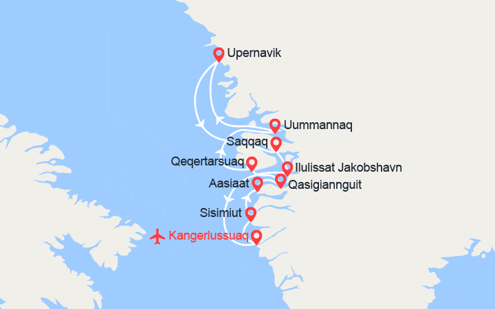Carte itinéraire croisière Groenland, Symphonie des Glaces