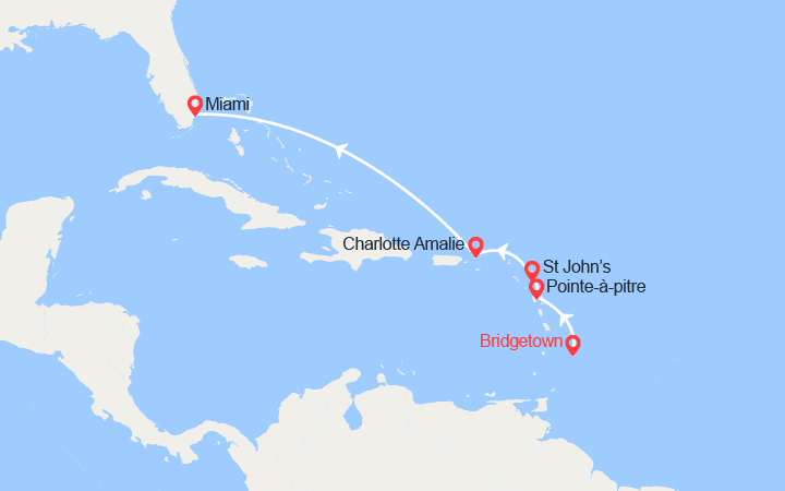 Carte itinéraire croisière Guadeloupe, Antigua, St Thomas, États-Unis