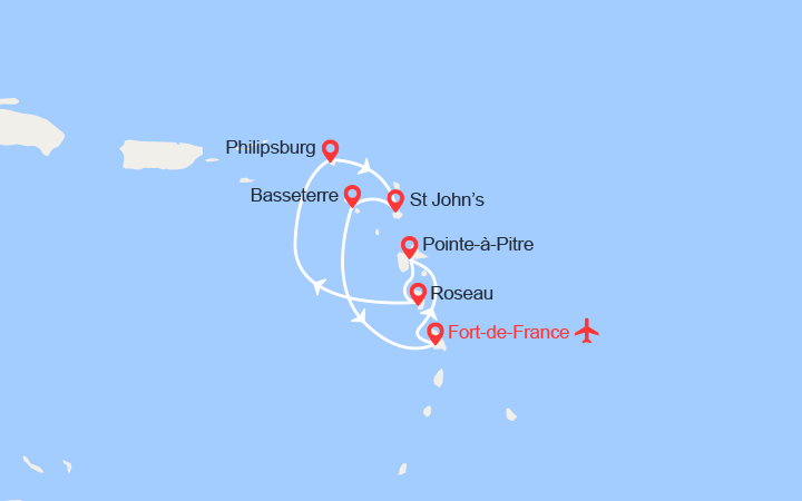 Carte itinéraire croisière Guadeloupe, Dominique, St Maarten, Antigua, St Kitts - Vols inclus