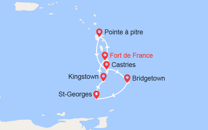 Carte itinéraire croisière Guadeloupe, Ste Lucie, Barbade, Grenade, St Vincent - Vols inclus