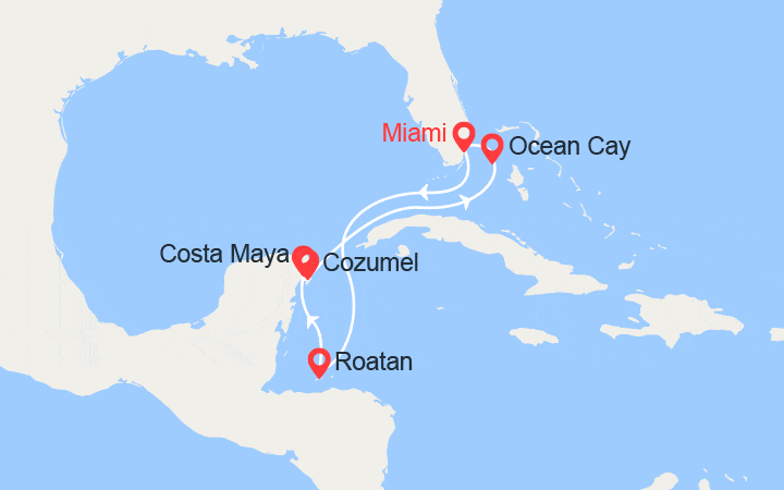 Carte itinéraire croisière Honduras, Costa Maya, Cozumel, Bahamas