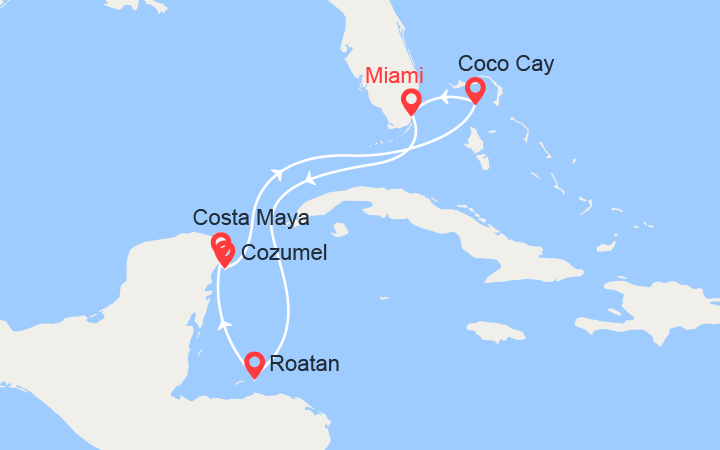 Carte itinéraire croisière Honduras, Mexique, Bahamas