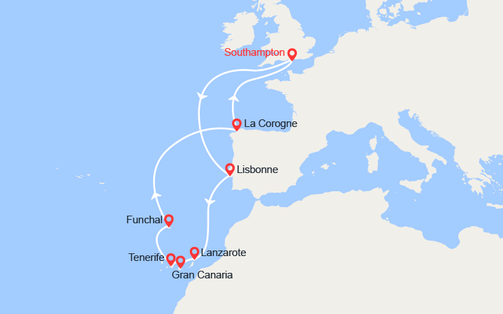 Carte itinéraire croisière Iles Canaries et Madère