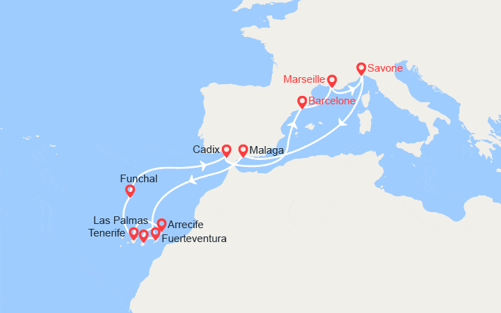 Carte itinéraire croisière Iles Canaries, Madère