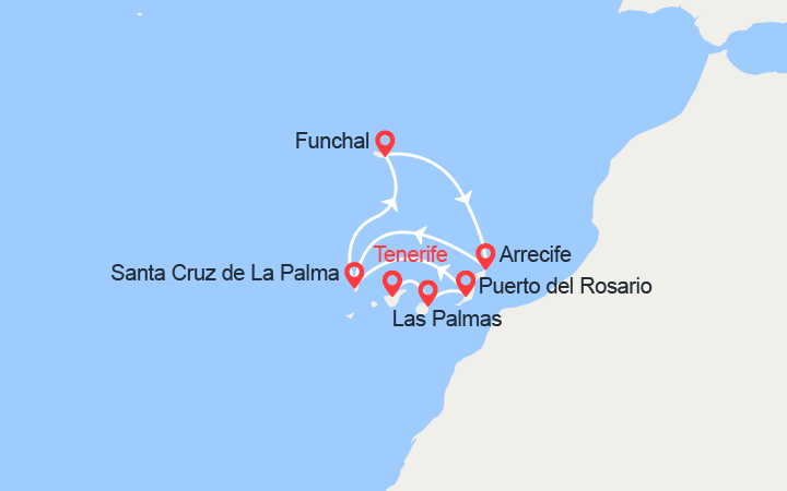 Carte itinéraire croisière Iles Canaries & Madère : Fuerteventura, La Palma, Lanzarote...