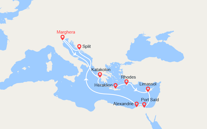Carte itinéraire croisière Iles Grecques, Chypre, Egypte, Croatie