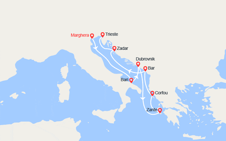 Carte itinéraire croisière Îles Grecques et Croatie : de Marghera à Trieste
