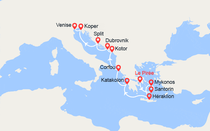 Carte itinéraire croisière Iles Grecques et Italie