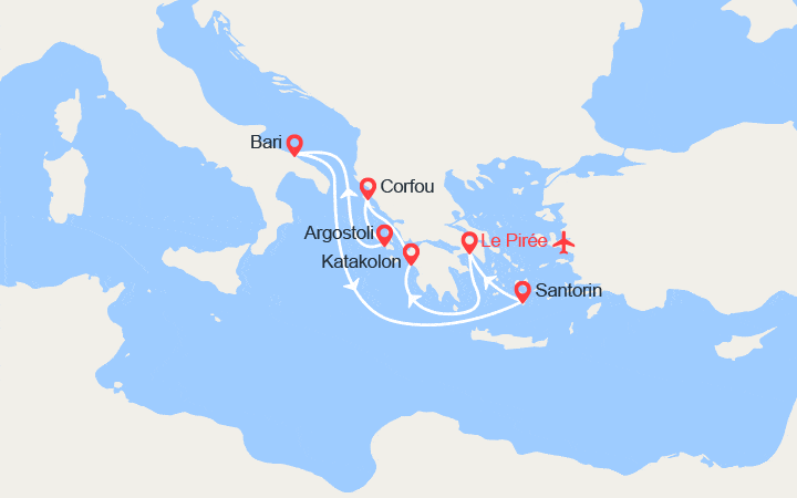 Carte itinéraire croisière Iles grecques & Italie : Corfou, Céphalonie, Santorin II Vols inclus