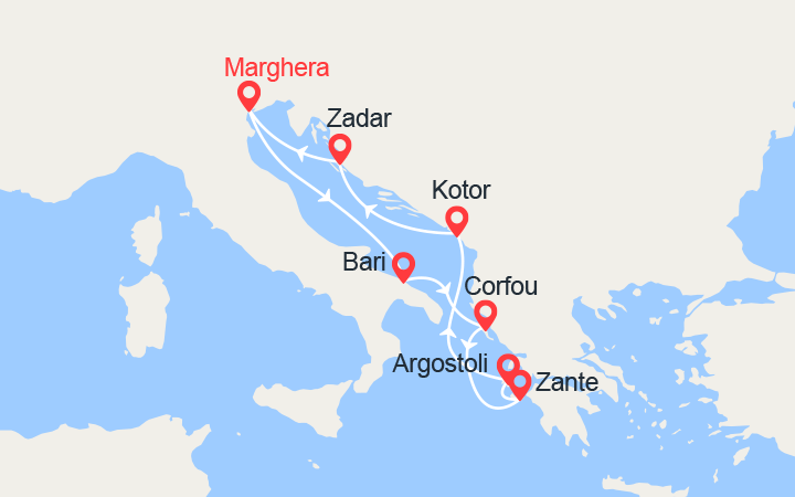 Carte itinéraire croisière Iles Grecques, Monténégro, Croatie