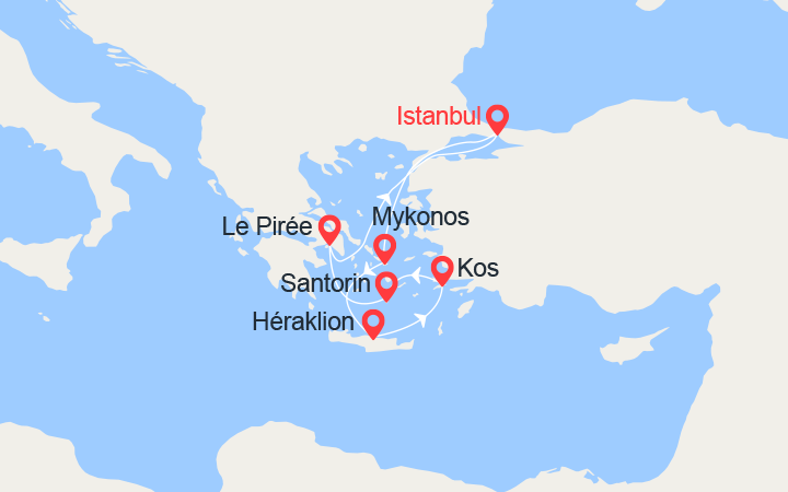 Carte itinéraire croisière Iles Grecques: Mykonos, Héraklion, Kos, Santorin