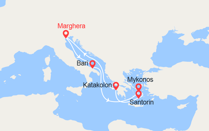 Carte itinéraire croisière Iles Grecques: Mykonos, Santorin, Katakolon