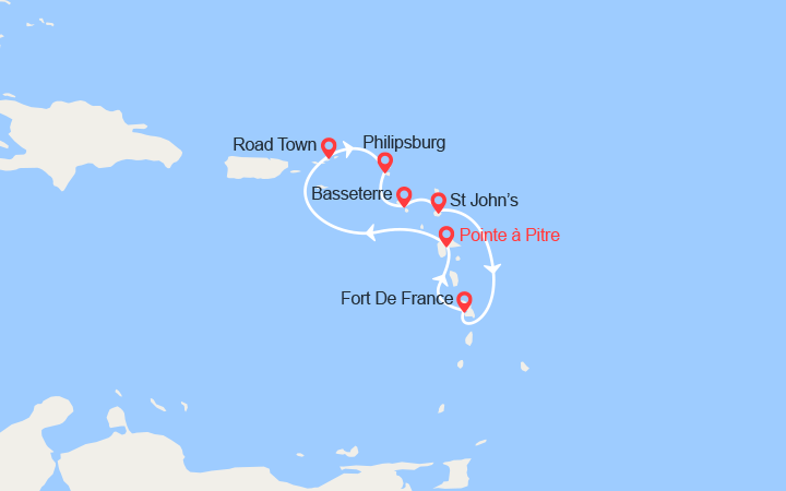 Carte itinéraire croisière Iles Vierges, St Maarten, St Kitts, Antigua
