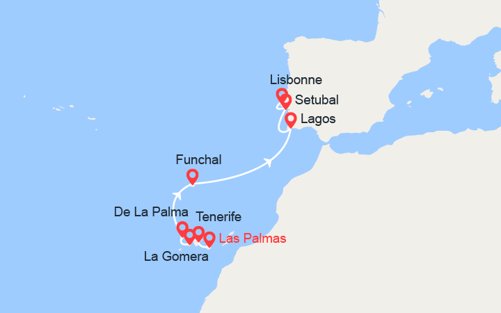Carte itinéraire croisière Îles volcaniques et cités historiques de l’Atlantique Nord