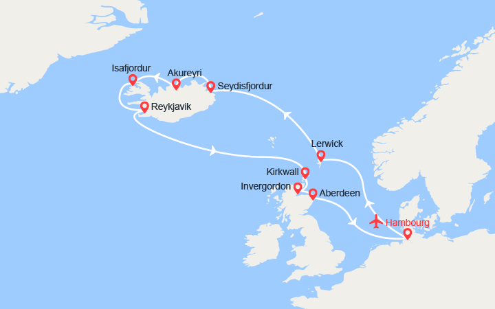 Carte itinéraire croisière Islande, Ecosse - Vols inclus
