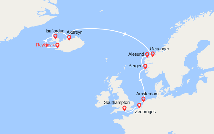 Carte itinéraire croisière Islande et Fjords