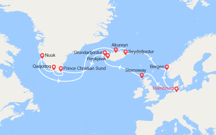 Carte itinéraire croisière Islande et Groenland