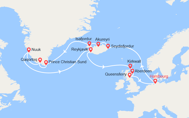 Carte itinéraire croisière Islande, Groenland
