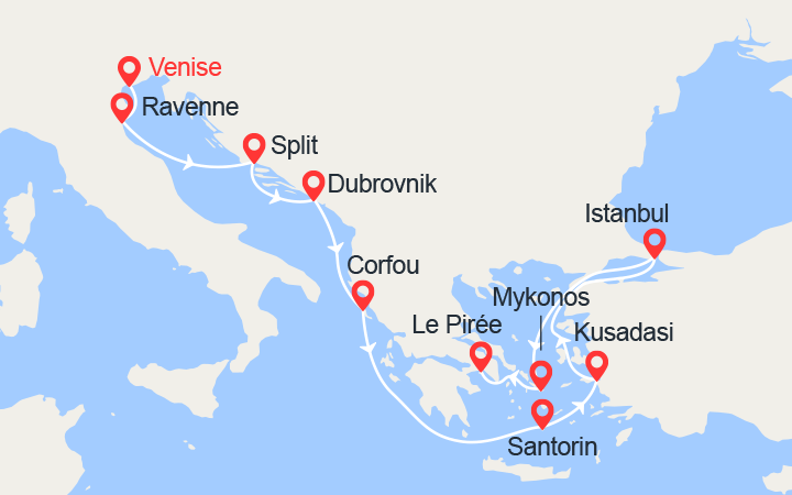 Carte itinéraire croisière Italie, Croatie, Grèce, Turquie
