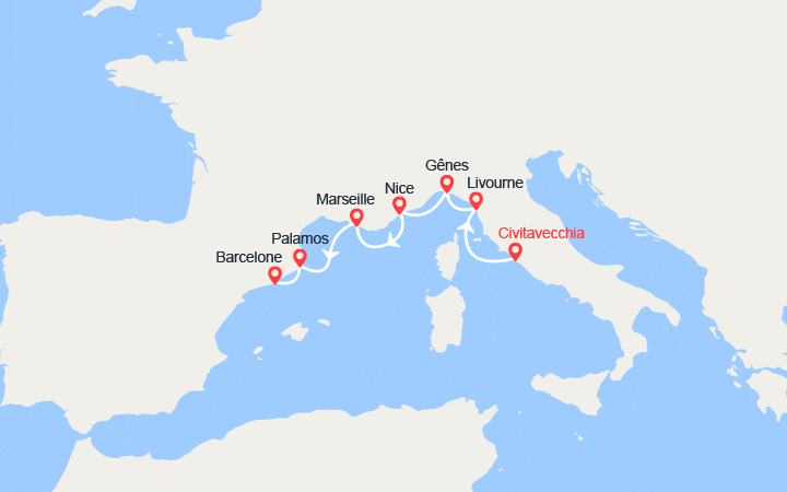 Carte itinéraire croisière Italie, France, Espagne
