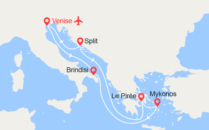 Carte itinéraire croisière Italie, Grèce, Croatie II Vols inclus