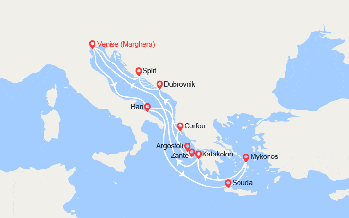 Carte itinéraire croisière Italie, Grèce, Croatie: Venise, Mykonos, Corfou, Split..