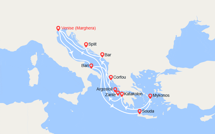 Carte itinéraire croisière Italie, Grèce, Monténégro, Croatie