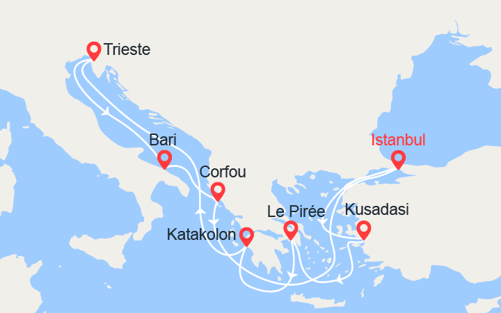 Carte itinéraire croisière Italie, Grèce, Turquie