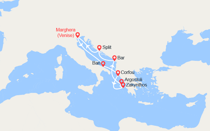 Carte itinéraire croisière Italie, îles Grecques, Monténégro, Croatie
