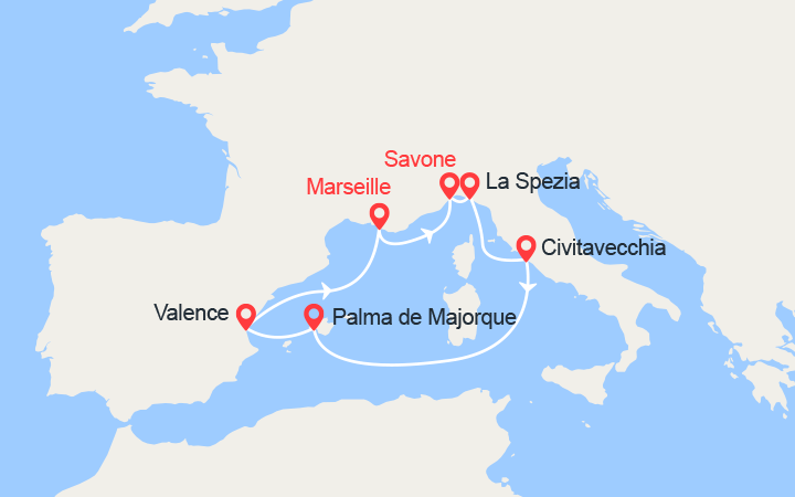 Carte itinéraire croisière Italie, Majorque, Espagne