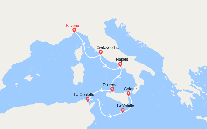 Carte itinéraire croisière Italie, Malte