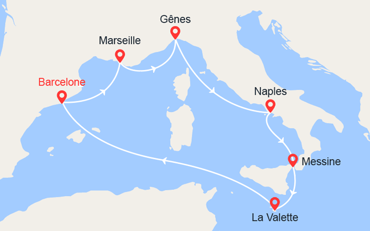 Carte itinéraire croisière Italie, Malte, Espagne