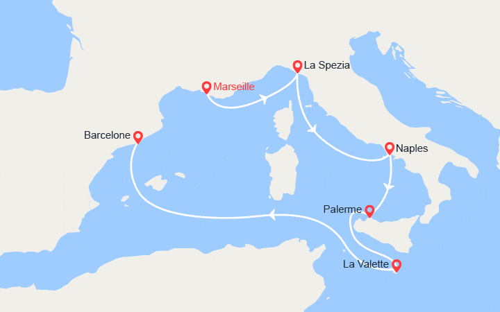 Carte itinéraire croisière Italie, Malte Espagne