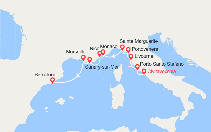 Carte itinéraire croisière Italie, Monaco, France, Espagne