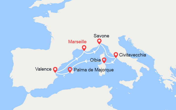 Carte itinéraire croisière Italie, Sardaigne, Majorque, Espagne