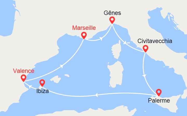 Carte itinéraire croisière Italie, Sicile, Ibiza, Espagne