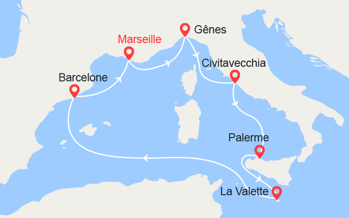 Carte itinéraire croisière Italie, Sicile, Malte, Espagne