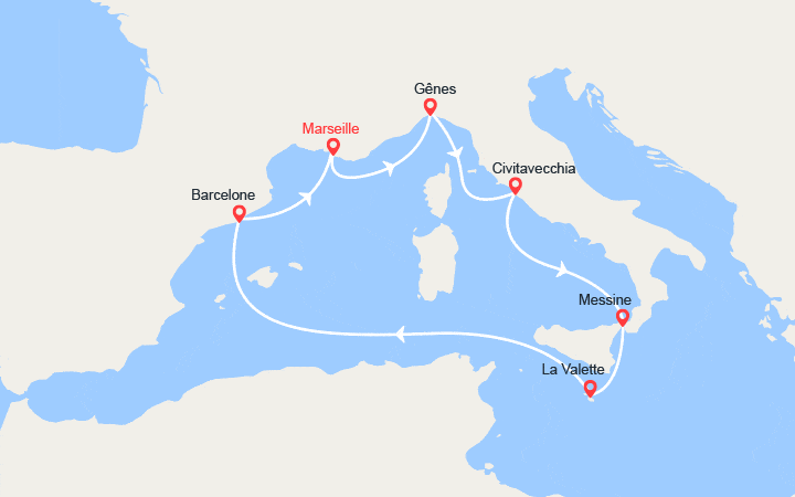 Carte itinéraire croisière Italie, Sicile, Malte, Espagne, France