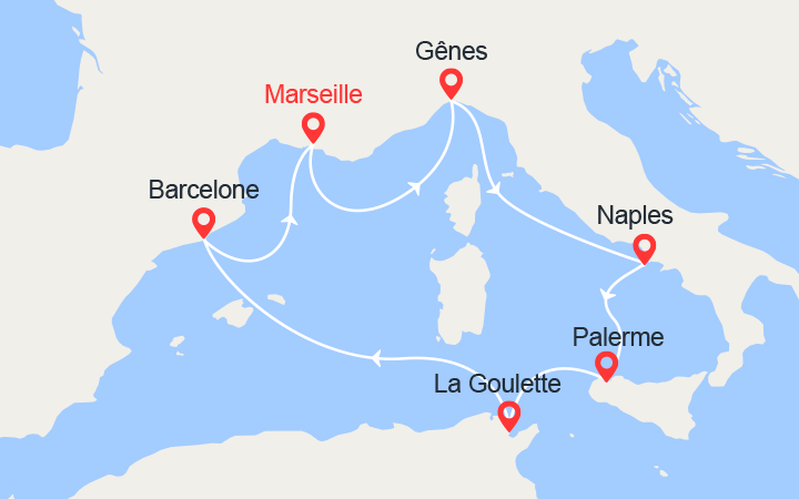 Carte itinéraire croisière Italie, Sicile, Tunisie, Espagne