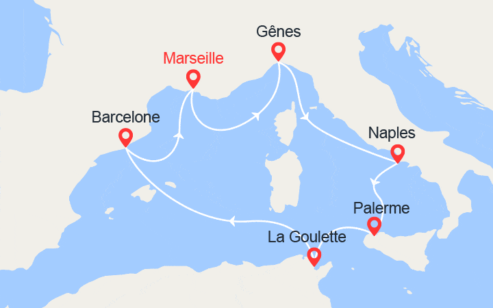 Carte itinéraire croisière Italie, Sicile, Tunisie, Espagne