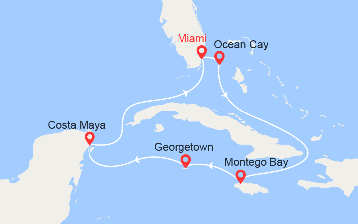 Carte itinéraire croisière Jamaïque, Caïmans, Mexique